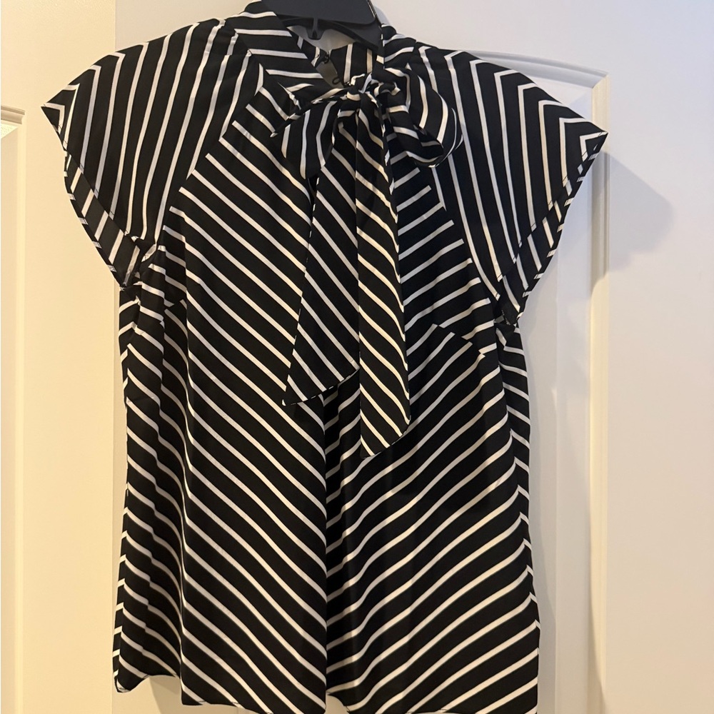 Talbots black and White Striped Women's Top with tie at neck